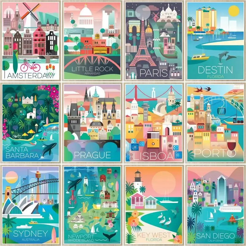 

CHENISTORY Oil Painting By Number Cartoon City Poster Landscape Drawing On Canvas Picture By Number Kits Home Decoration