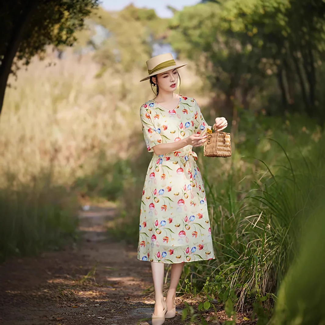 

Ramie dress age-reducing five-quarter sleeve V-neck printing improved cheongsam fashion casual versatile simple temperament eleg