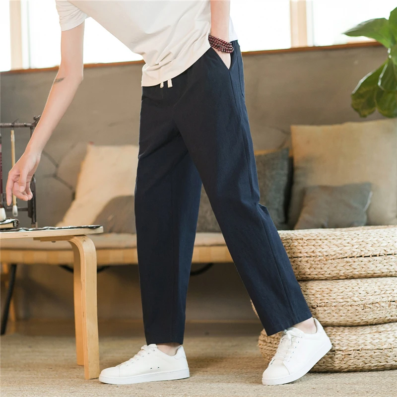 Pure Cotton Linen Men's Summer Thin Nine-Piece Casual Pants Loose Straight Leg Breathable Comfortable Straight Cut Trousers