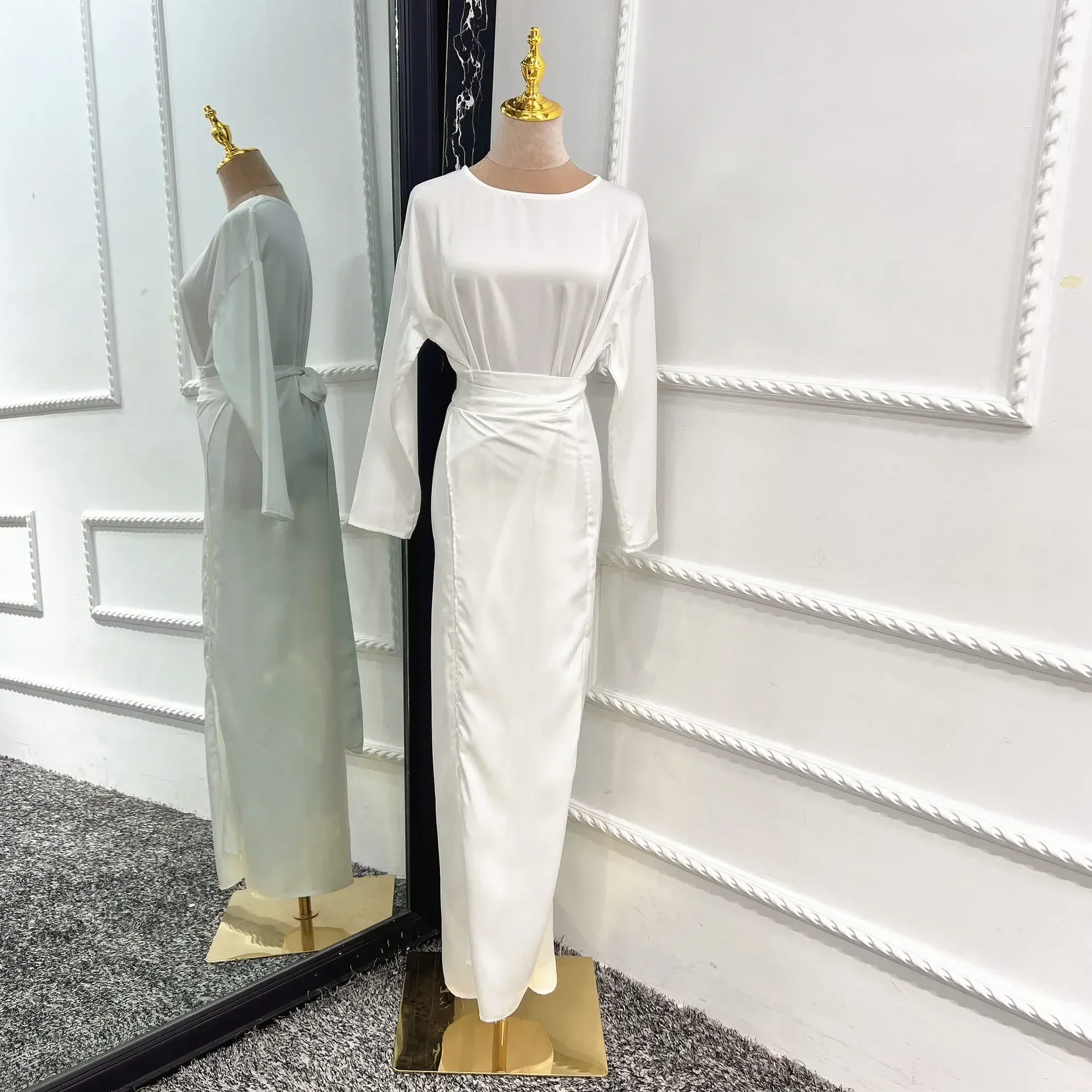 Branco de seda cetim abaya vestido interno com saia envoltório árabe longo vestidos muçulmanos para mulheres dubai turquia islam modesto outfit