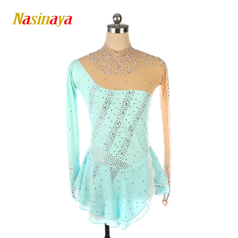 Figure Skating Dress Ice Skating Skirt Customized Girl Kids Dance Dress Long Sleeve PInk Color Shiny