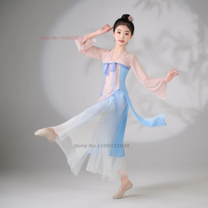 2025 traditionele chinese kinderen danskostuum vintage bloemenprint mesh hanfu tops + broek set toneelvoorstelling folk jurk