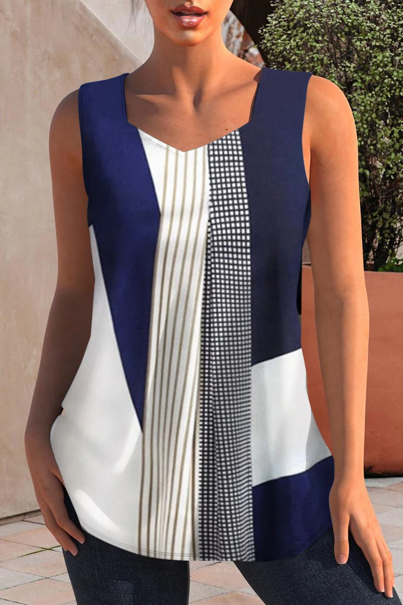 

Plus Size Casual Colorblock Print V Neck Casual Tank Top