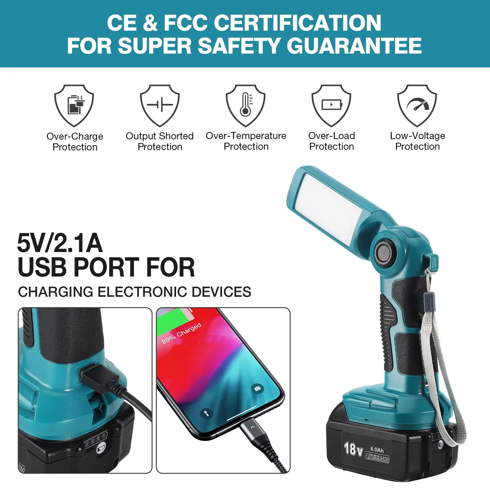 Cordless LED Flashlight Work Light Handheld Spotlight Fit Makita 18v Battery Portable Outdoor Light Camping Lantern(No Battery)