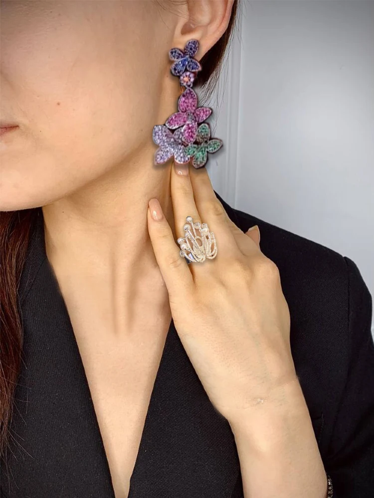 

Three Dimensional Colorful Flower Earrings Zircon Earrings