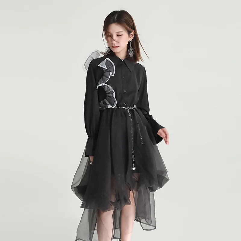 

Zhongchuangrizhen 2024 designer model color contrast shirt dress female fake two loose and thin patchwork gauze dress