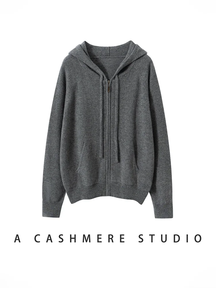 

New Women 100% Cashmere Sweater Hooded Zipper Cardigan Cashmere Autumn Winter Soft Long Sleeve Casual Simple Style Clothing Top