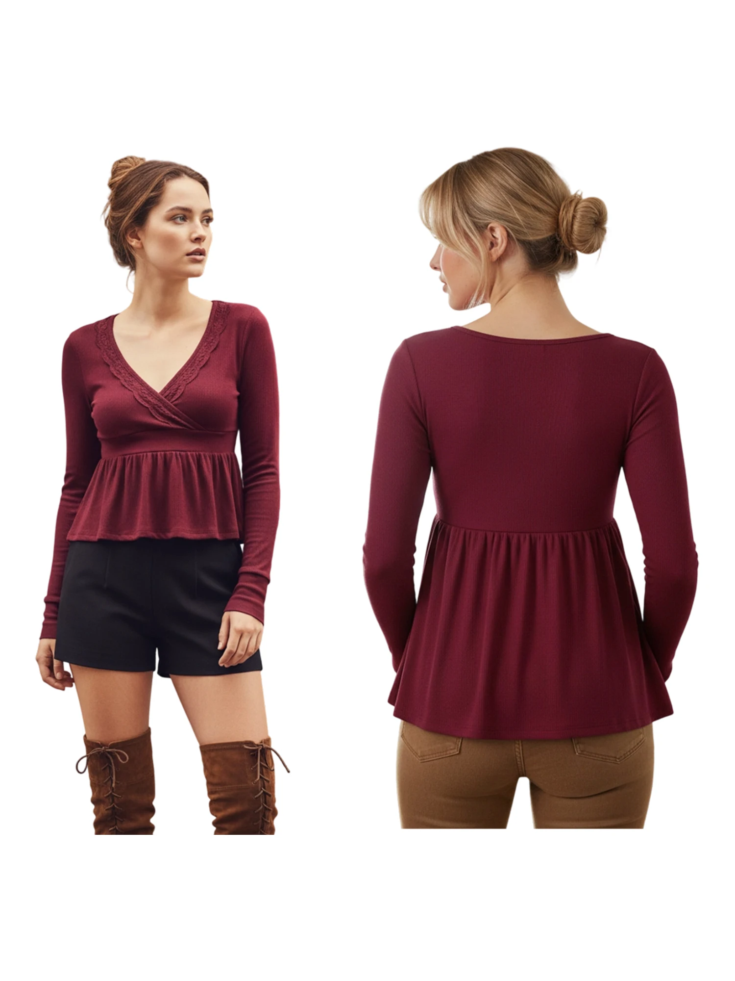 スタイリッシュな女性の V ネック ペプラム ブラウス、フリル裾付き - 秋のファッションのためのトレンディなソリッドカラーの長袖シャツ