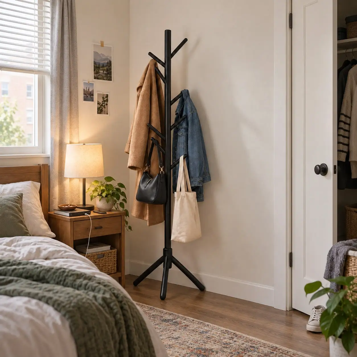 Solid wood freestanding coat rack—features 8 hooks—adjustable height; suitable for entryways to store coats, hats