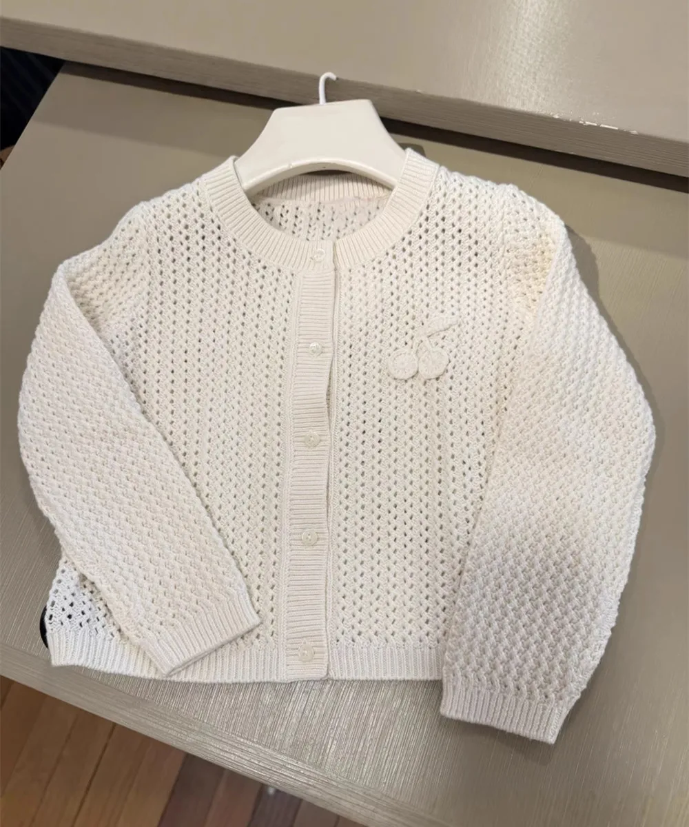 spring summer baby clothes kids coat girls tops knitted cardigan Cherry pattern embroidery Solid color beige hollow knitted coat