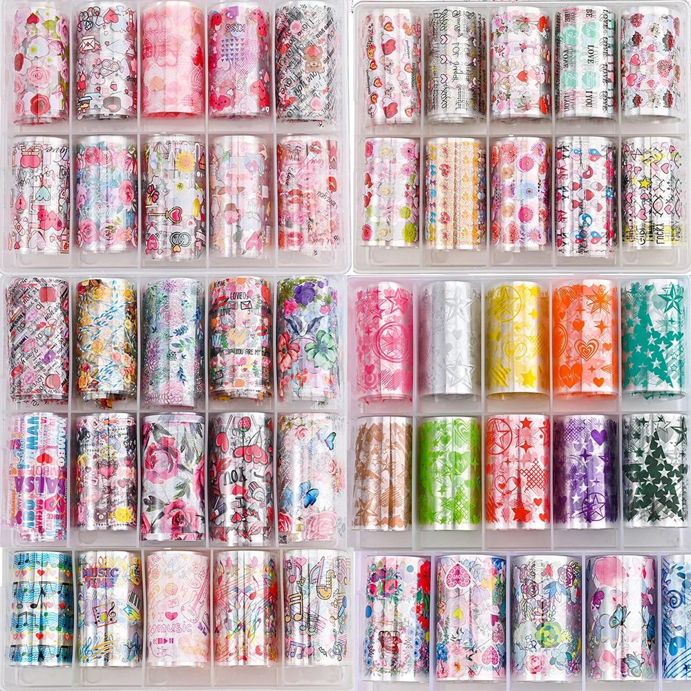 10 Rolls/Box Love Heart Flower Nail Foils Valentine's Day Series Nail Transfer Foils Decals Slider Manicure Supplies 4*100cm