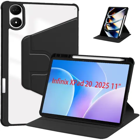 Infinix XPad 20 2025 11인치용 태블릿 케이스(펜 홀더 360 포함) ° 회전식 투명 하드 스탠드 플립 킥스탠드 충격 방지 커버