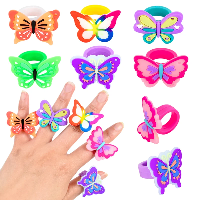 

6pcs Pvc Cartoon Butterfly Rings Kids Favorite Birthday Party Gift Toy Baby Shower Supplies Children's Day School Gifts Rewards