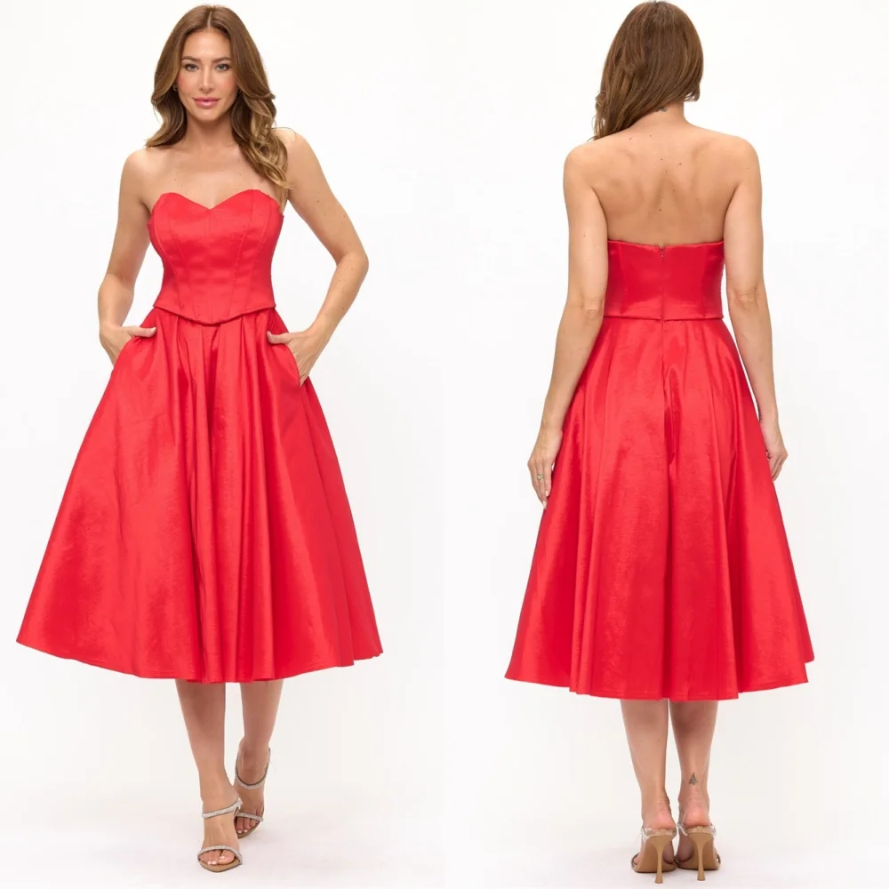 

Customized Sweetheart Sleeveless Luxury Homecoming Dress A-Line Soft Tea Length Evening Dress Satin Delicate Backless Prom Dress