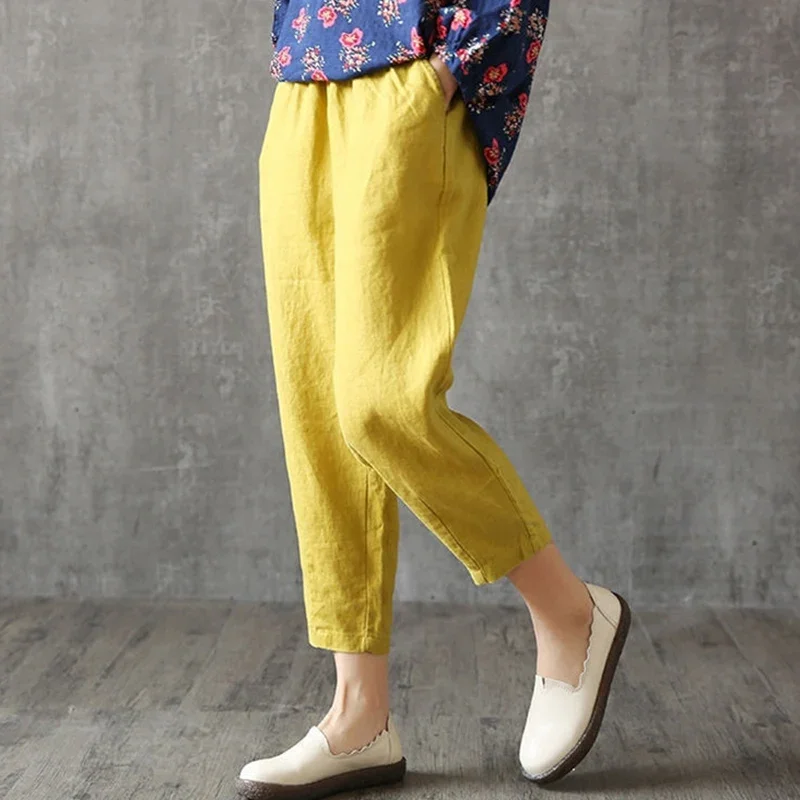 Rimocy Summer Loose Cotton Linen Pants Women Casual Elastic High Waist Harem Pants Woman 2025 Thin Ankle Length Trousers Womens