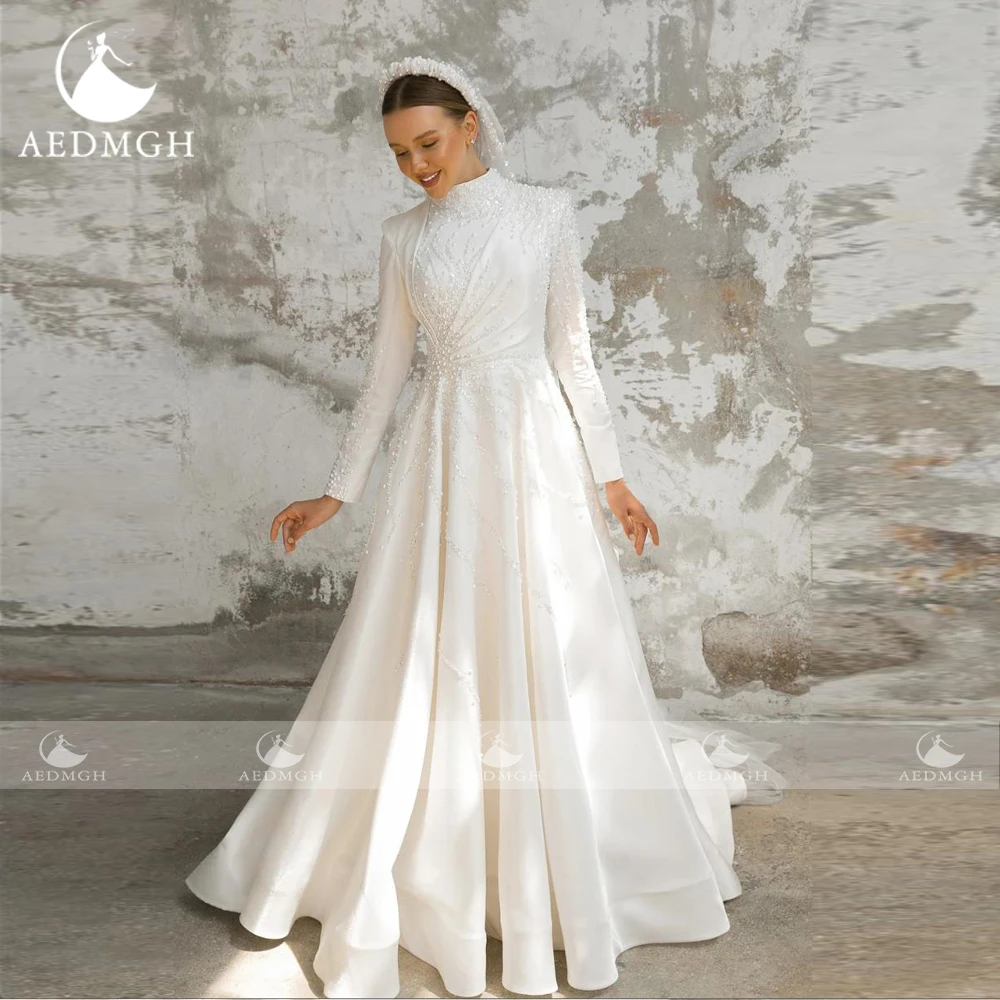 Aedmgh A-Line Vintage Wedding Dresses High Neck Long Sleeve Vestido De Novia Beaded Matte Satin Muslim Custom Made Bridal Gown