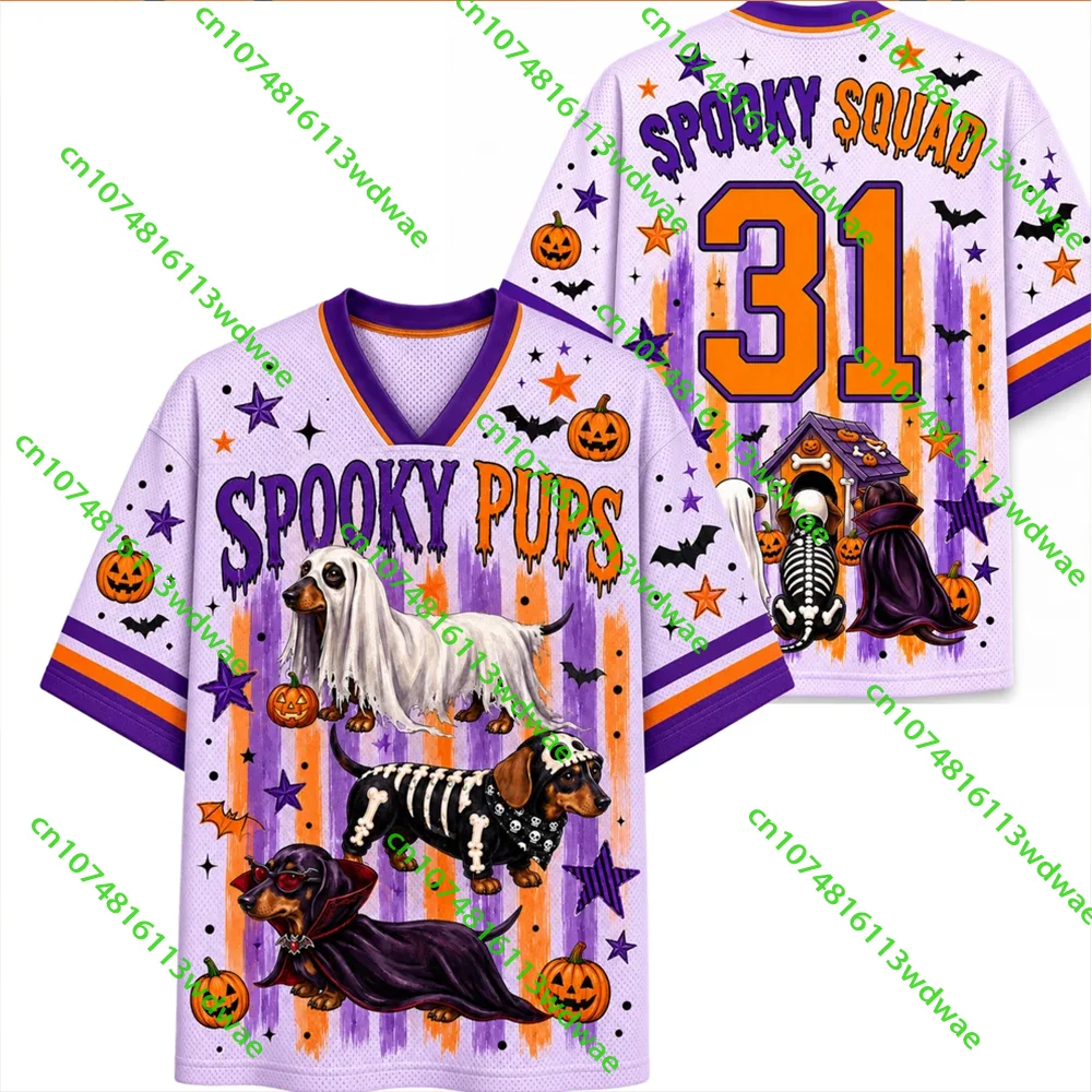 Summerween Just Waiting For Halloween Mesh Jersey Women's Ghost Skeleton V-neck Short Sleeved Shirt Breathable Horror Cosplay