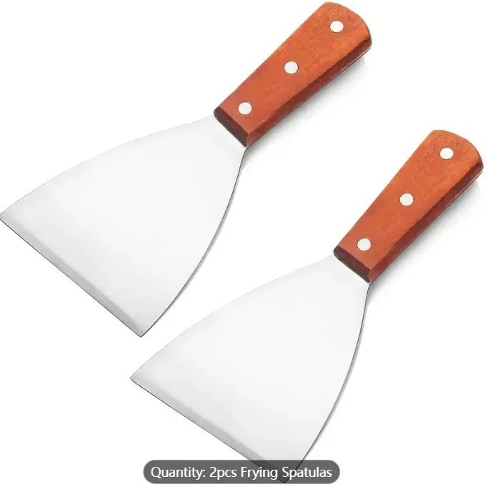 Set di 2 spatole grandi in acciaio inossidabile per grigliare, cucinare lastre di ferro, pizza, bistecche, manico in legno, spatola scanalata, cucina