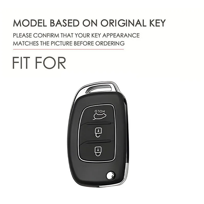 Glossy TPU Key Case for Hyundai Elantra Verna, Black with Gold Edge, 3-Button Flip Key Fob Cover, Protective Shell For Car