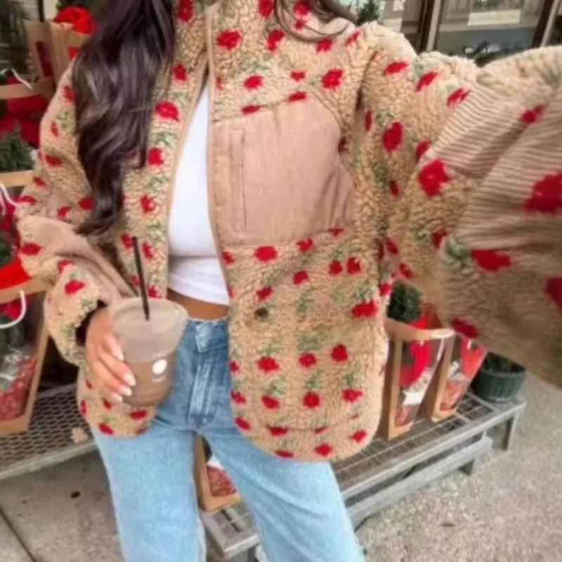 Women 2026 Autumn Winter New Hot Selling Floral Print Fluffy Stand Collar Loose Zip Up Jacket Coat Commute Trendy Chic Best Hit