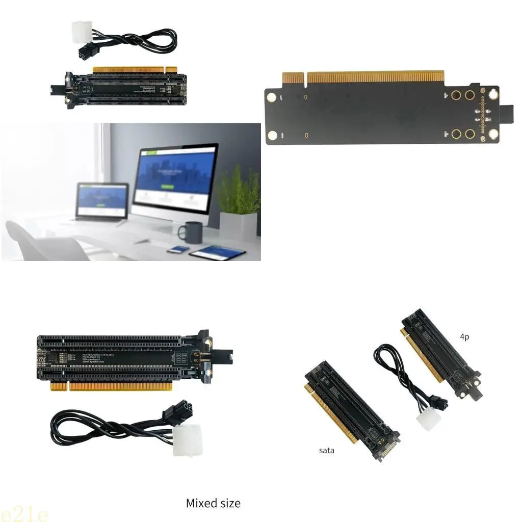

E21E PCIE 4.0 x16 1 to 2 Expansion Card Gen4 Split Card PCIe-Bifurcation x16 to x8x8 Slots 4P/SATA Power Supply Port