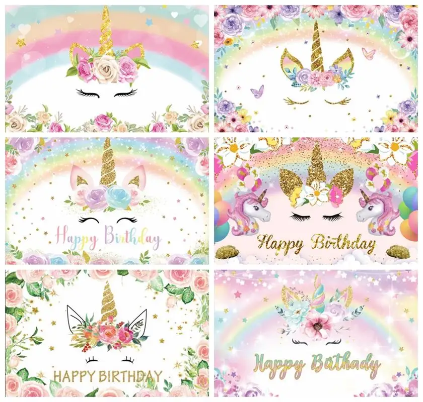 

Laeacco Rainbow Unicorn Backdrop Watercolor Floral Glitter Star Dot Butterfly Girls Birthday Party Custom Photography Background