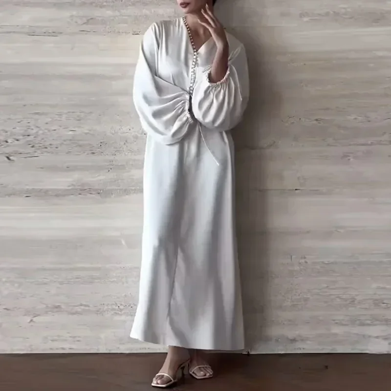 Women's Buttoned V-Neck Drawstring Puff Sleeves Abaya Kaftan Dress 2026 New Loose Elegant Party Evening Maxi Dresses
