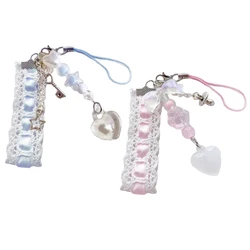 Dainty Lace Ribbon Keyring Cute Heart Pendant Keychain Colorful Beaded Phone Lanyard Multi-Functional Bags Accessories