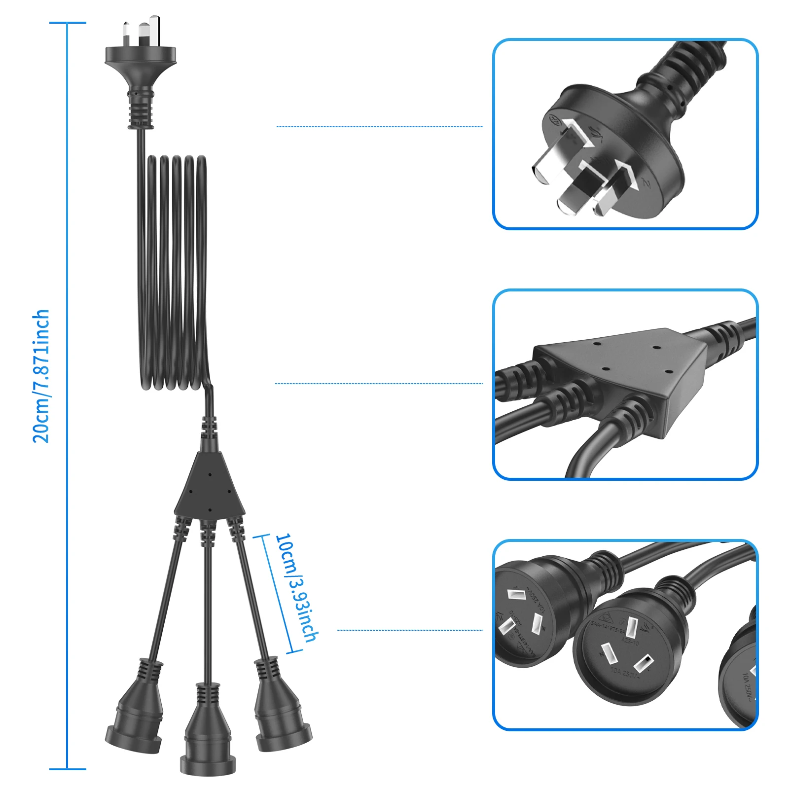 1 to 3 ways power extension cord, 2/3meters AU Plug Power cable with 3 outlets  for Home Office
