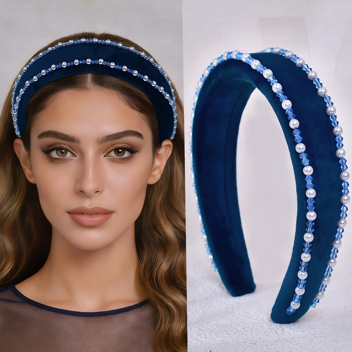 

New Light Blue Crystal Pearl Hairband for Women Wide-Brim Velvet Navy Blue Headband Versatile Hair Accessory Banquet Headpiece