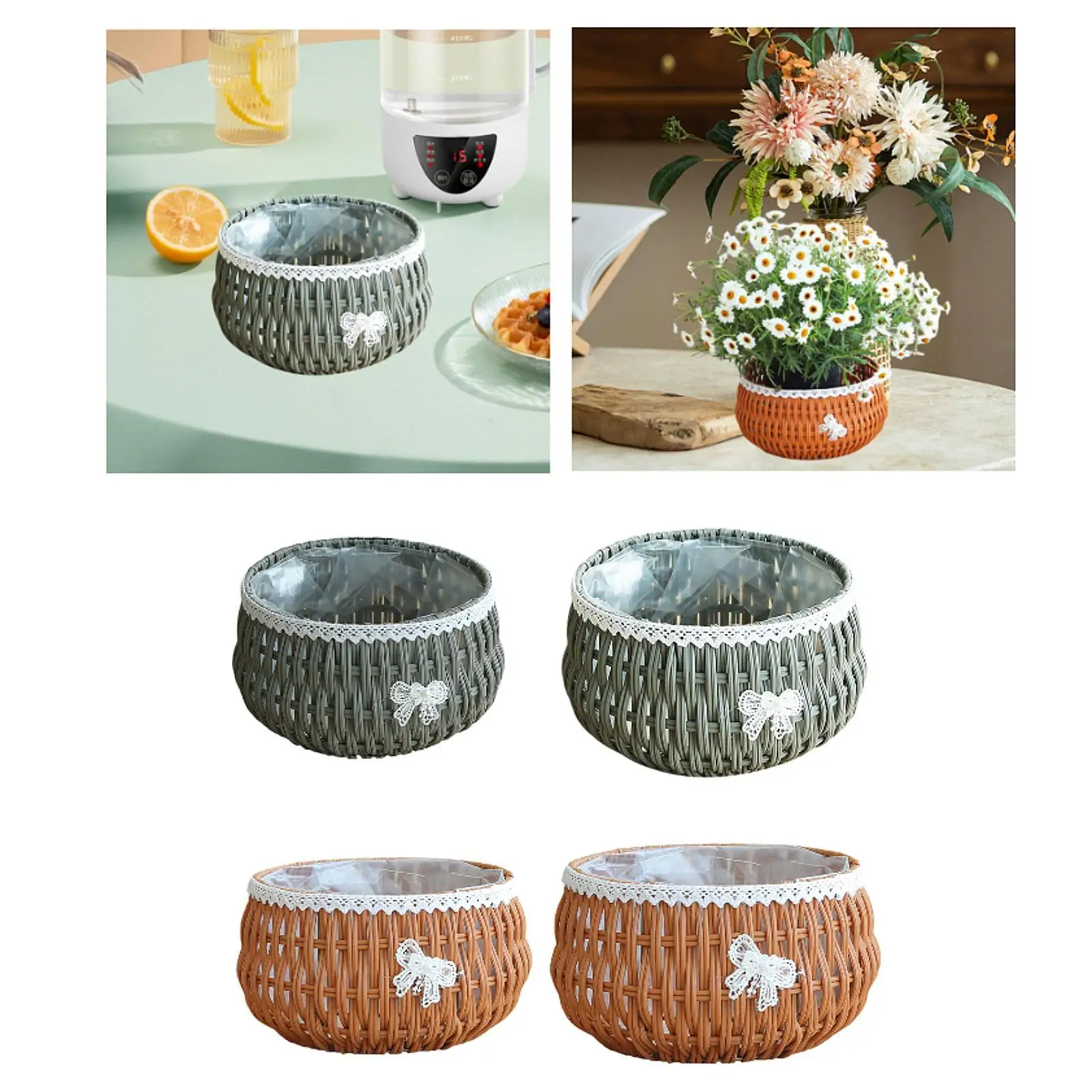 Flower Basket Plant Container Imitation Rattan Round Trash Can Multipurpose for Kitchenware with Pp Liner Storage Basket