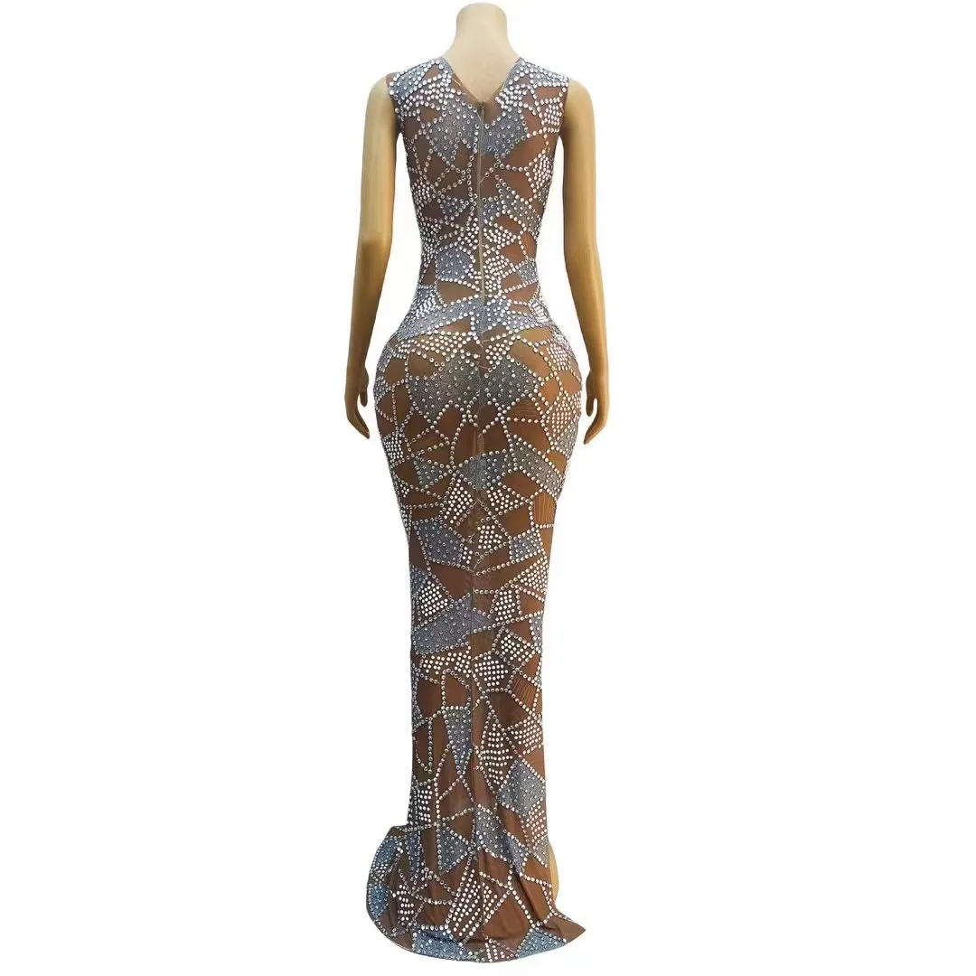 ผู้หญิง Shining Silver สีขาว Rhinestones รถไฟยาวชุดราตรีวันเกิดงานแต่งงานฉลองชุดเซ็กซี่ยืดถ่ายภาพ Gowns