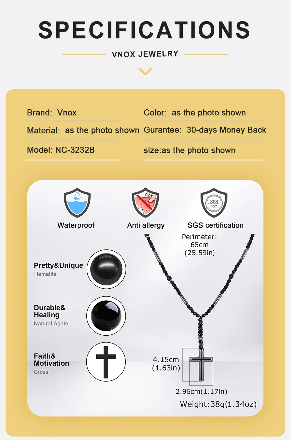 Vnox Hämatit-Kreuz-Anhänger-Halskette für Männer, Schwarze Onyx-Perlenkette, Langer Männerschmuck, Punk-Street-Style Geschenk – Detail 4