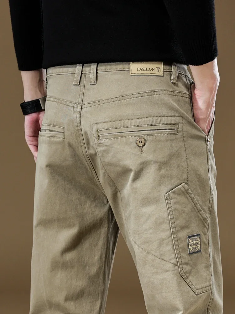 Autumn New 97% Cotton Men\'s Cargo Pants Vintage Straight Splicing Work Jogger Trousers Baggy Casual Brand Male Pants Khaki Grey