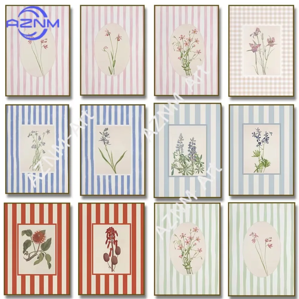 1pcPink Floral Blue Striped Botanical Poster Canvas Painting Print Neutral Wall Art Picture for Living Room Home Decor