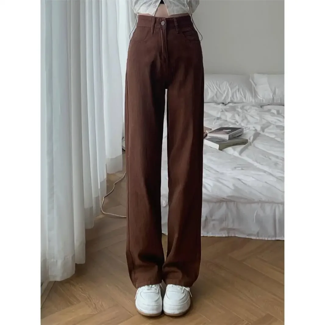 

Brown High Waisted Jeans for Women Straight Wide Leg Denim Y2k Pants Streetwear Vintage Trouser Mom Jean Full Length A105