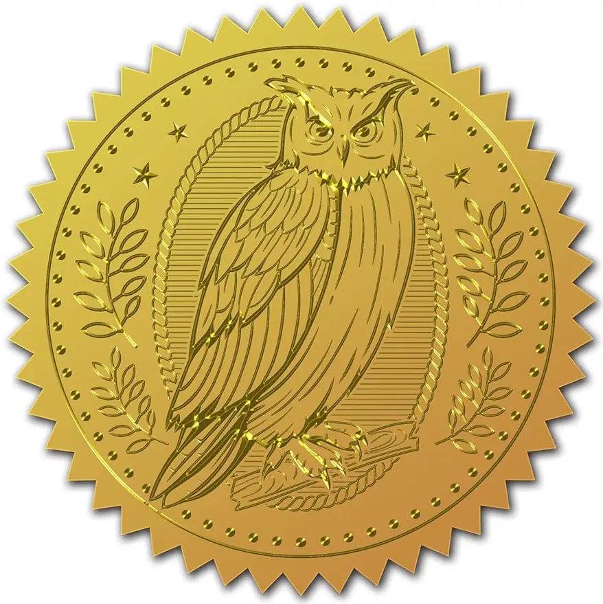 

50mm Gold Foil Sticker Owl 100pcs Certificate Seals Gold Embossed Round Embossed Foil Seal Stickers for Envelopes Invitation