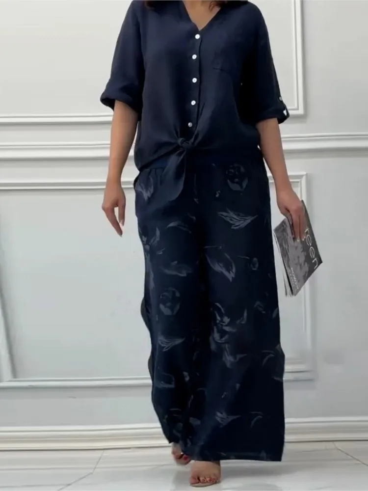 Women Cotton V-neck Two Piece Sets Spring Autumn Casual Long Sleeve Pocket Shirts 2 Piece Set Fashion Loose Wide Leg Pants Suit