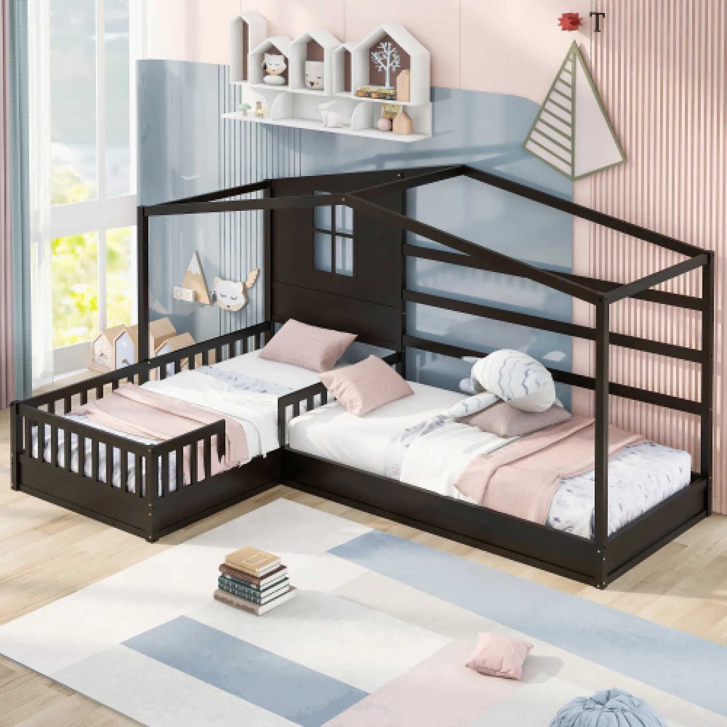 Wood House Bed Twin Size with Fence and Slatted Frame - Espresso Finish