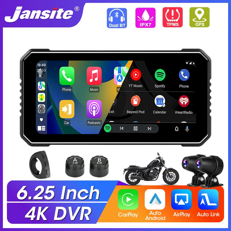 Jansite Front 4k+Rear 1080P 6.25 inch Moto DVR Wireless Carplay Android Auto IPX7 Waterproof GPS Motorcycle Navigation Monitor