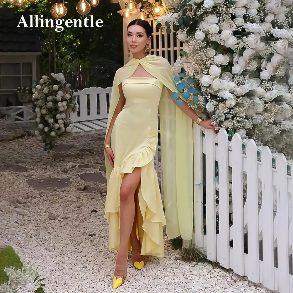 

Elegant Yellow Strapless Evening Dress with Jacket Pleat Ruched High-Low Birthday Party Gown for Bespoke Occasions Customized
