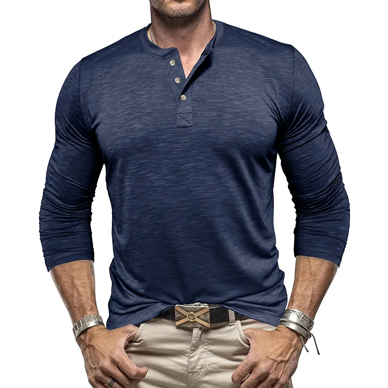 

New Men's Casual Breathable T-shirts Henry Shirt European and American Mens Long-sleeved Henry Neck T shirt