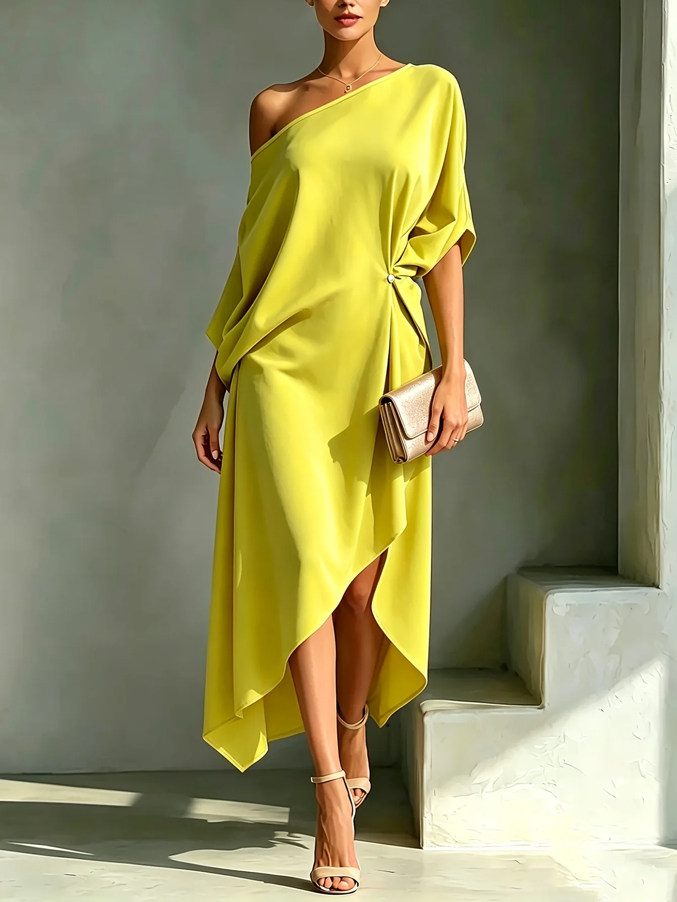 Luxury Women One Cold Shoulder Midi Dresses Irregular Hem Button Design Loose Long Dress Elegant Guest Holiday Formal Dress