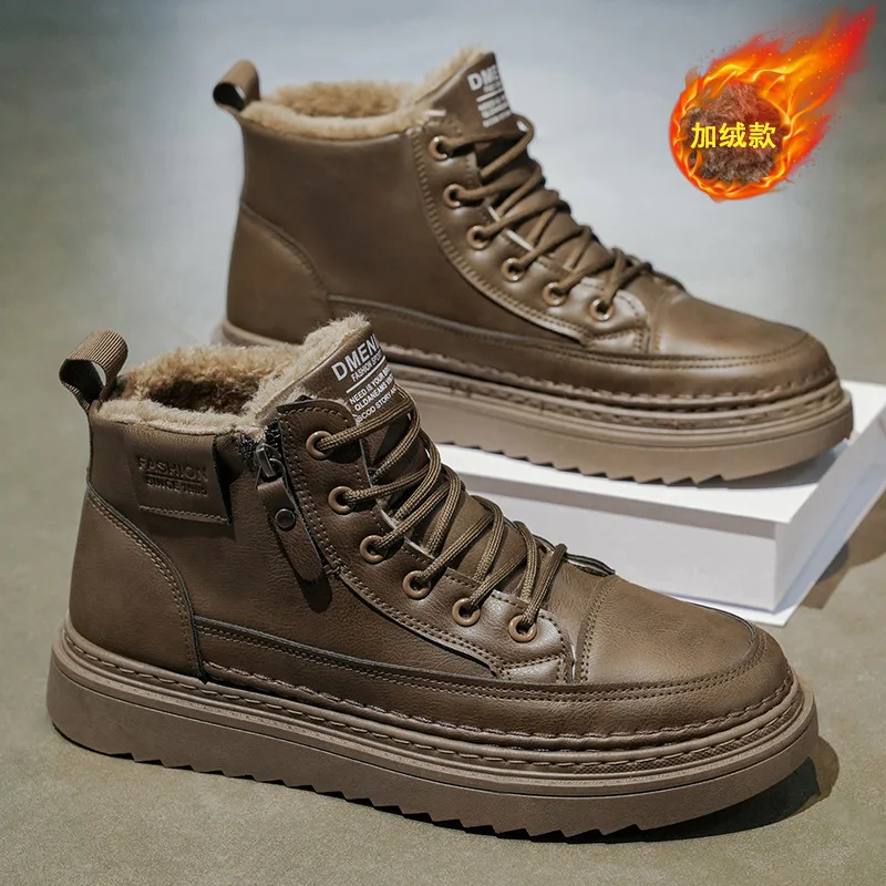 Winter Velvet Men's Boots Waterproof and Anti Slip Trend Versatile Leather Shoes Thickened Warm Short Boots Cotton Shoes，39-44