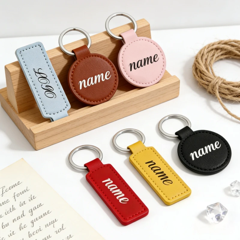 Rectangle Round Room Number Keyring Custom Logo PU Leather Bag Keychain Laser Personalized Name Car Key Chain Ring Business Gift