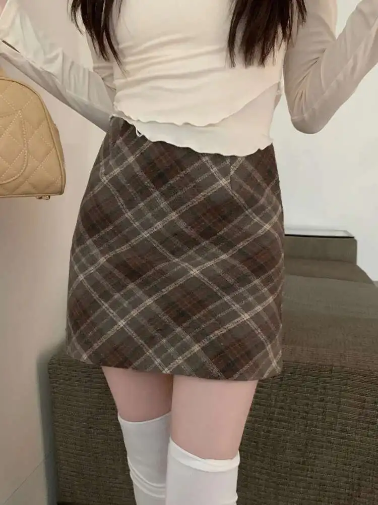High Waist Plaid Woolen Skirt Women's Autumn Winter Wrap Around Skirt Retro A Line Skirt Commute Polyester Japanese Mini 8HA8