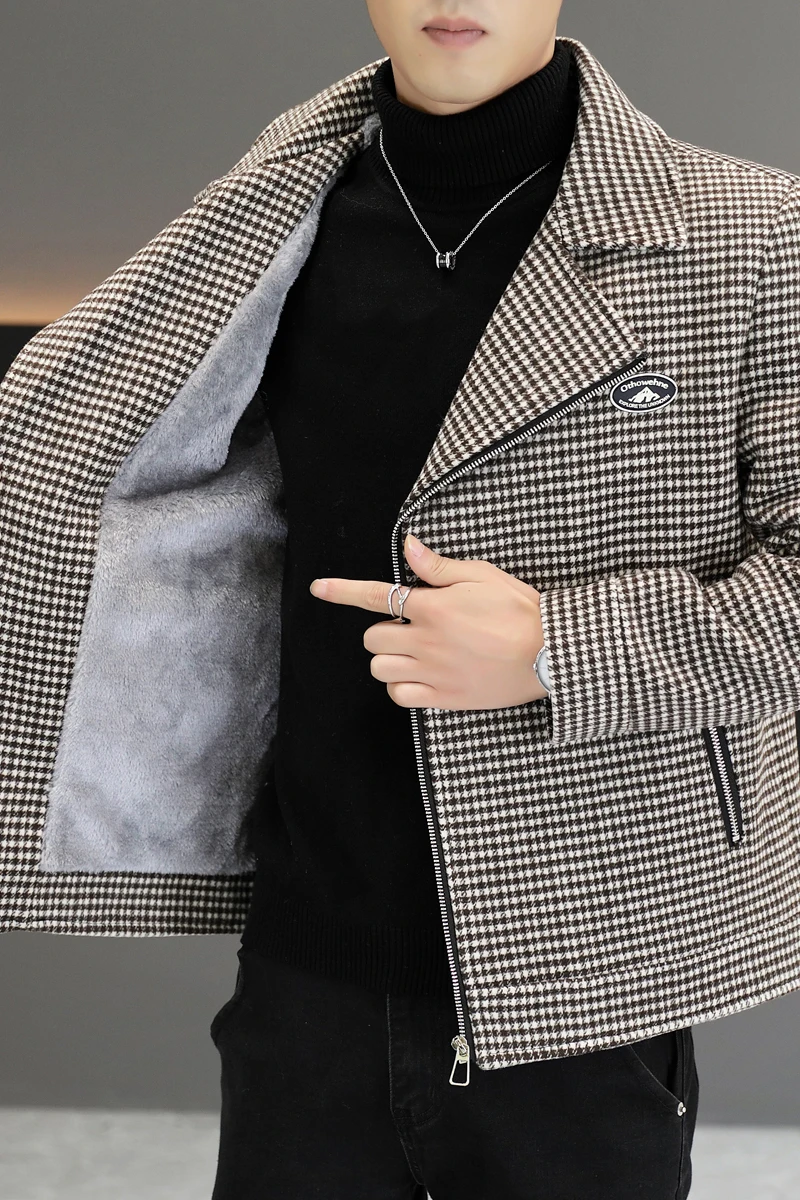 Brand Winter Wool Jacket for Men Fashion Zipper Motorcycle Coat Plaid Casual Business Trench Coat Social Streetwear Overcoat