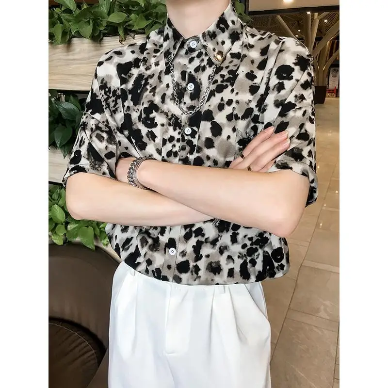 

Vintage Printed Spliced Lapel Pockets Leopard Shirts Men's Clothing 2023 Summer New Oversized Casual Tops Loose Korean Shirt