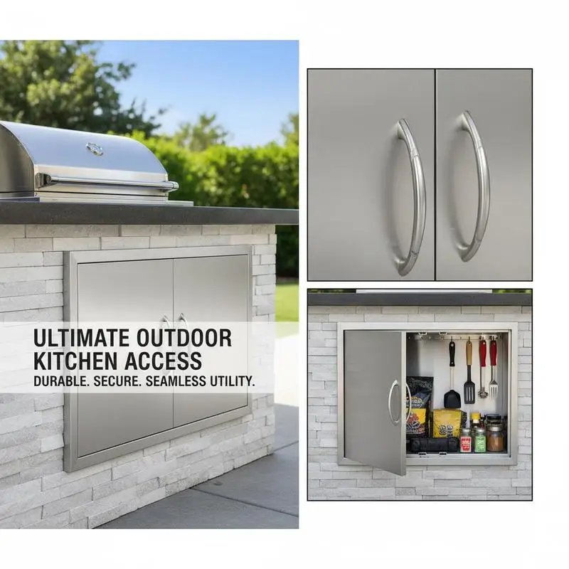 Outdoor Kitchen Access Panel 36W x 21H Inch For BBQ Island Grilling Station Outside Cabinet Flush Mount Design Double Wall Vertical Entry Integrated Handles