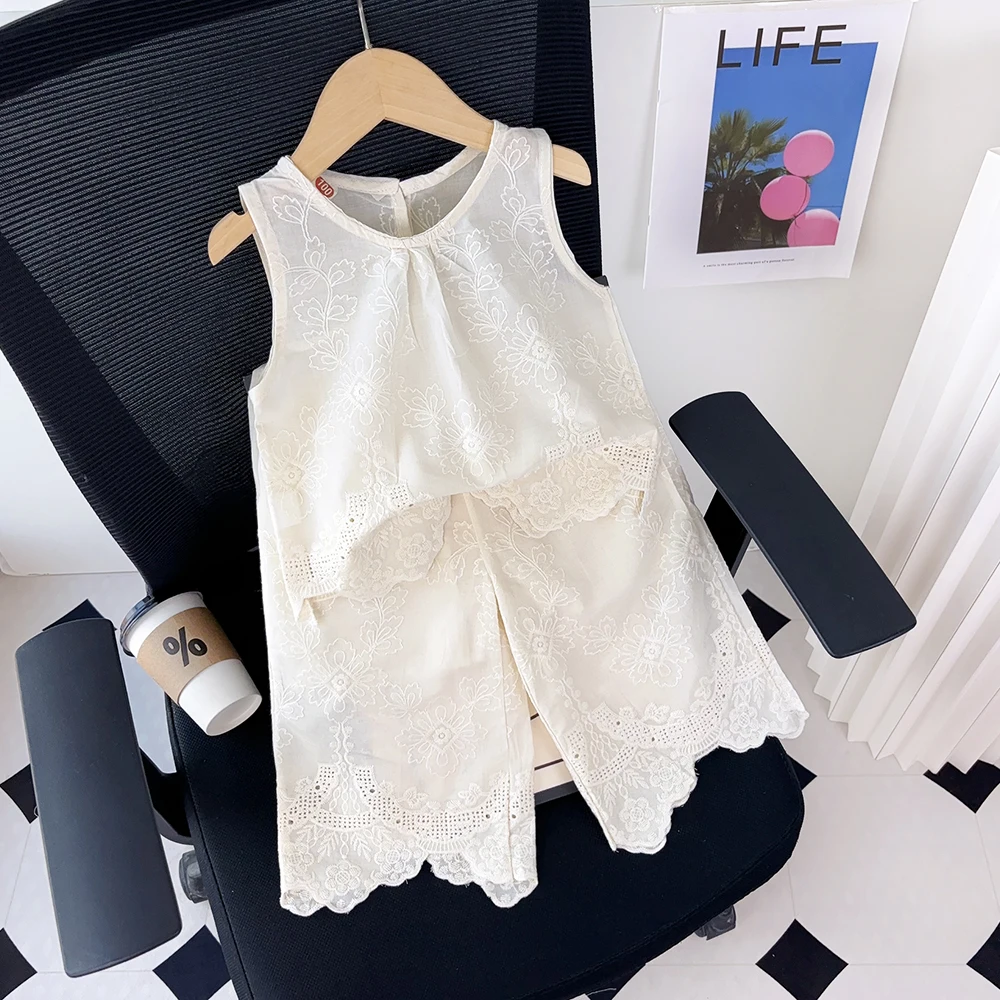 

Summer Solid Color 2-7 Years Girls Flower Embroidery Sleeveless Tank Top+Wide Leg Pants 2 Pcs Set Cute Fashion Casual Clothes